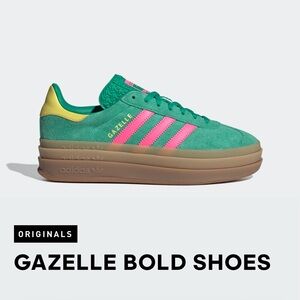 Adidas GAZELLE bold Platform Green Suede  Pink Stripes Rear Yellow Heel Sz. 6 LN